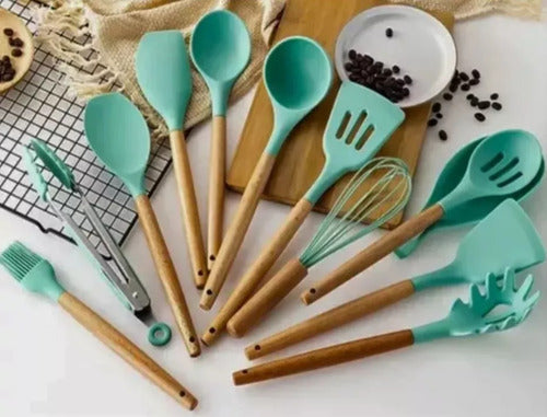 Set Utensilios Cocina Silicona 12 P Madera Verde/gris 4