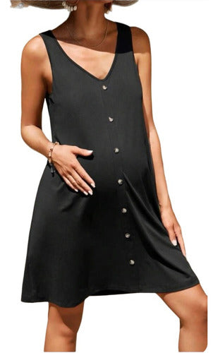 Maternity Black Sundress with Wide Strap Detail and Buttoned Skirt 0