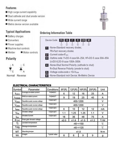 ELUMILED 2 Diodos Rectificador 16A 600V Anodo / Rosca 16FR60 (M6x1) 1