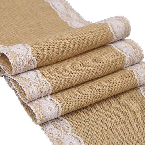 ClevClover Vintage Burlap Table Runner with Lace 0.30 x 2.8 Mts 1