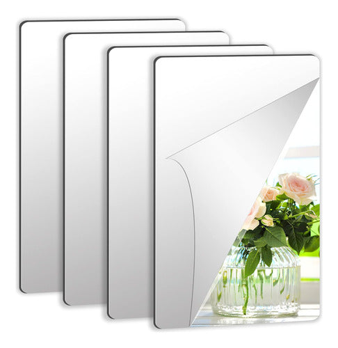 Junebrushs Self Adhesive Acrylic Mirror, Mirror Tiles, Flexible Plastic Mirror Sheets Wall Stickers, 4 Pack (6 X 9 Inch) 0