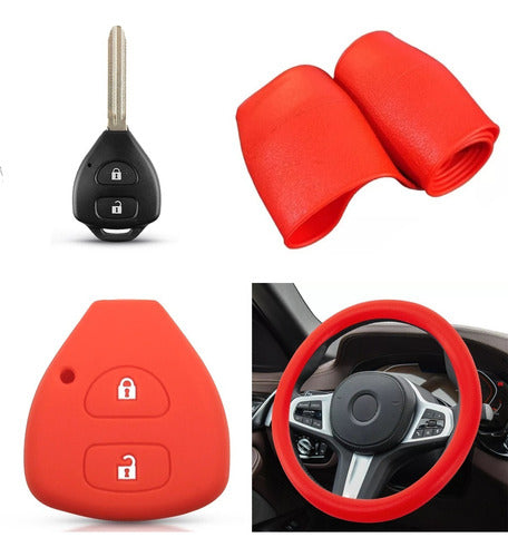 NL Cubre Volante + Funda Llave Silicona Corolla Etios Rav4 Rojo 0