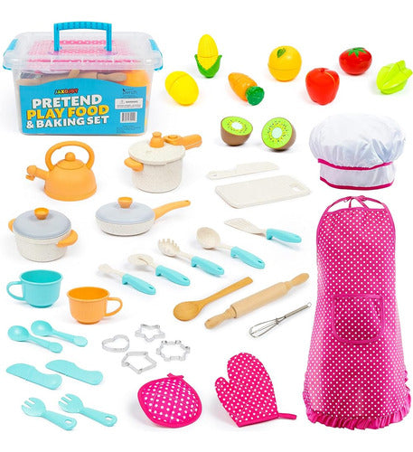 JaxoJoy Set De Chef Para Cocinar Y Hornear Para Niños Con Comida De Juego Rebanable 0