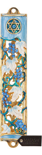 Matashi Hand Painted Blue and Ivory Enamel Grape Mezuzah Emb 0