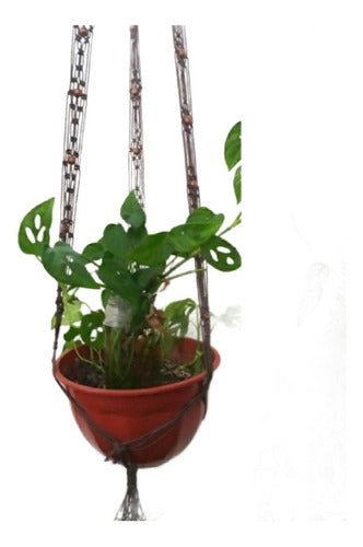 Rustic Hanging Plant Holder with Rope and Wooden Beads 0