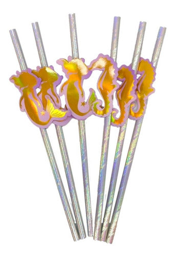 Iridescent Mermaid and Seahorse Polipaper Straws x6 Party Favors C 1