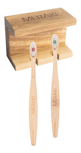 Meraki 2 Bamboo Toothbrushes + Wall Holder Combo 1