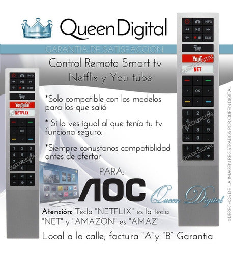 Remote Control for Smart AOC Netflix YouTube 4K S5295 CRG 1