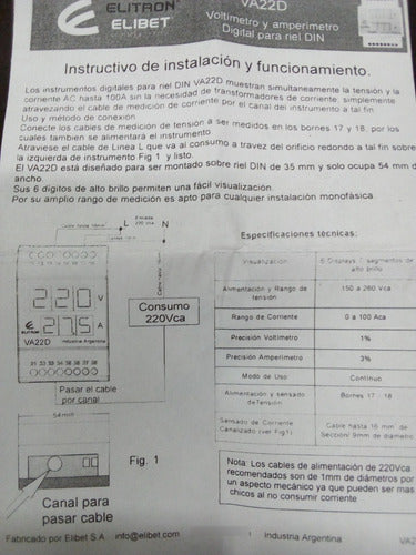 Elibet Voltimetro Amperimetro Monofasico Digital Din VA22D 4