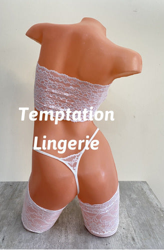 Temptation Lingerie Lace Bandeau and Thong Set + Lace Thigh-High Stockings for Women 9