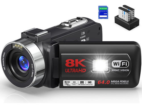 Marca Videocámara 8k 64mp 18x Con Flip Screen, 32gb Sd, Control Re 0