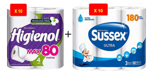 Higienol Papel Higienico X10 + Sussex Rollo De Cocina X10 - Combo 0