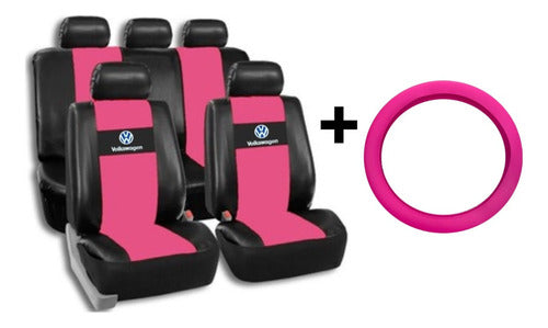 Universal Pink Seat Cover Set with Silicone Steering Wheel Cover for Gol and Voyage 0