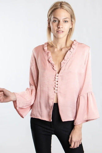 Real Showroom Blusa De Raso, Manga 3/4 Oxford. Super Delicada Mujer Fiesta 0