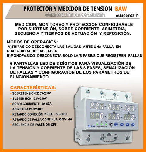 BAW Digital Voltage Protector 63A Three-Phase - Single Phase 1