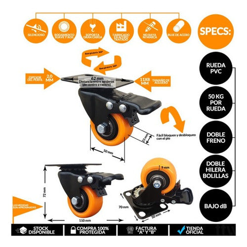 Vigo 4 Reinforced Swivel Wheels 50mm with Brake 2