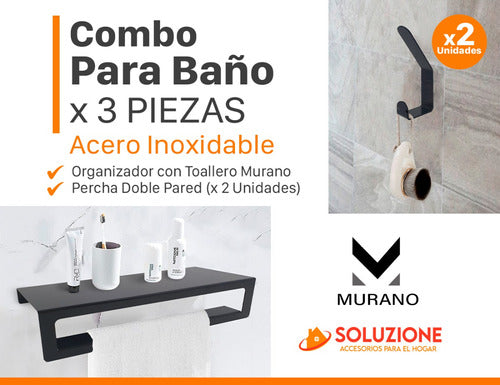 Murano Kit Baño Toallero Con Estante + 2 Perchas Acero Inox Negro 1