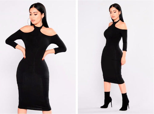 Fitted Off-Shoulder Dress with Choker Neckline 1