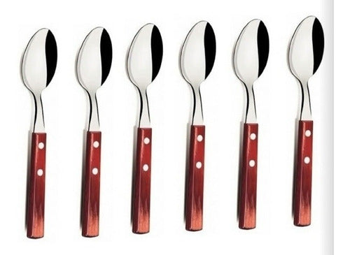 Tramontina Set of 6 Stainless Steel Soup Spoons with Wooden Handle - Polywood Line 0