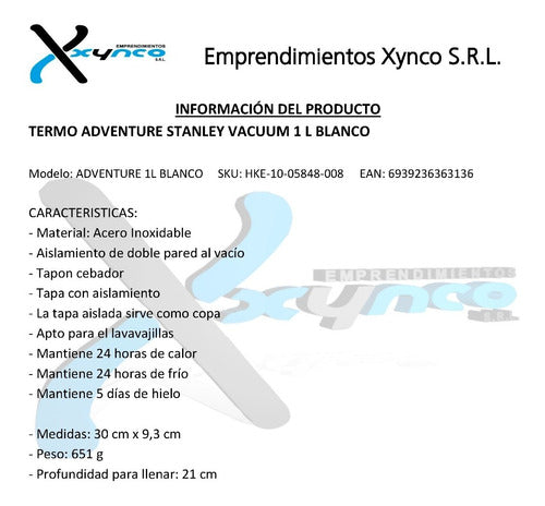 Stanley Termo Acero Inoxidable 1 Lts Adventure Blanco 1