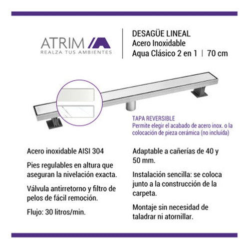 Atrim Linear Shower Drain 2in1 70cm Matte Chrome Stainless Steel 1