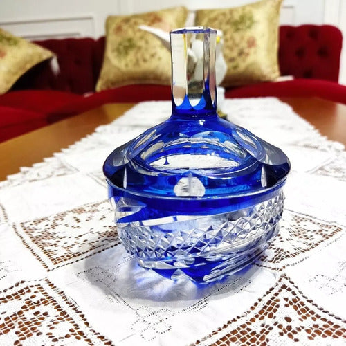 Vintage Hand-Carved Blue Crystal Candy Jar Antique Bohemian 4