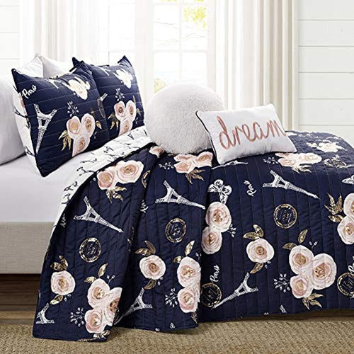 Lush Decor Navy Vintage Paris Rose Butterfly Juego De Edredó 1