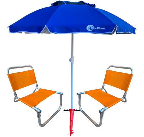 Set of 2 Reinforced Aluminum Beach Chairs 90kg + Super Strong 2m Umbrella 54