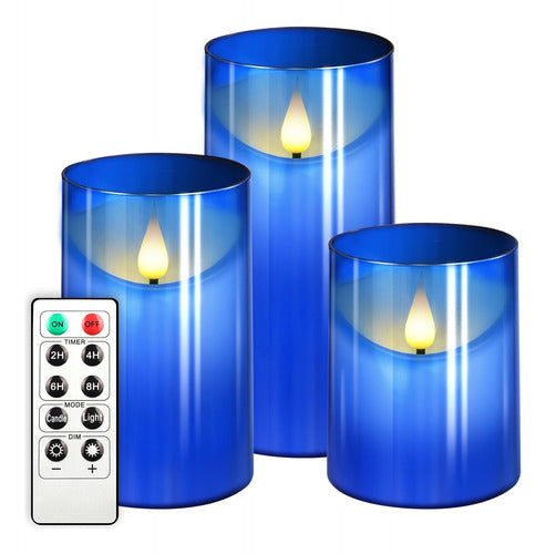 Velas Led De Pilar Con Vidrio Acrílico, Pack De 3 Azules 0