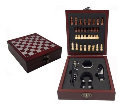 Set De Vino Tablero De Ajedrez Caja Madera Bambú Sacacorchos 0