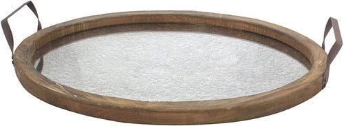 Stonebriar Oval Wooden Tray with Metal Handles and Mirror Base 0