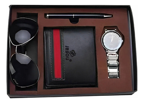 Set De Regalo Hom 4p Reloj Billetera Lapicera Lentes 0