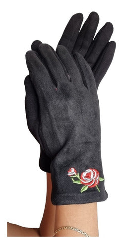 Suede Gloves Women Floral Detail Winter Warmth 2