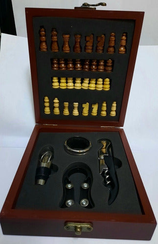 Set De Vino Tablero De Ajedrez Caja Madera Bambú Sacacorchos 3