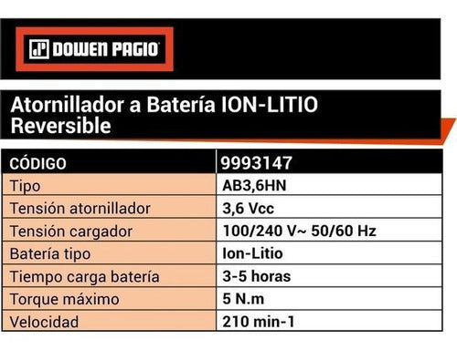 Atornillador A Batería Ion Litio Dowen Pagio Calidad 3.6v 3