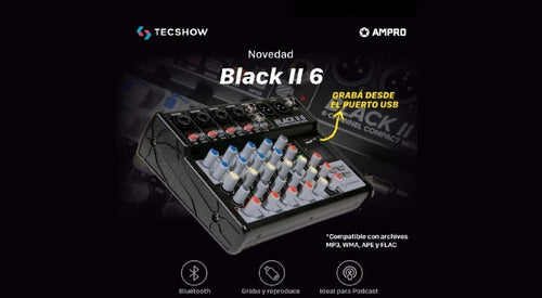 Consola Mixer Tecshow Bt Black Ii 6 Graba Reproduce Usb 3