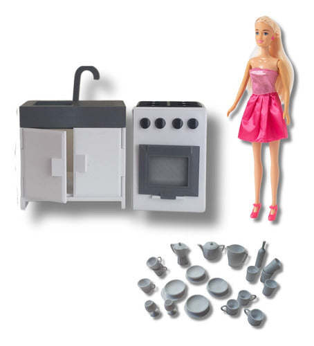 Mesada De Cocina Y Horno Con Vajilla Y Miniaturas Para Barbi 0