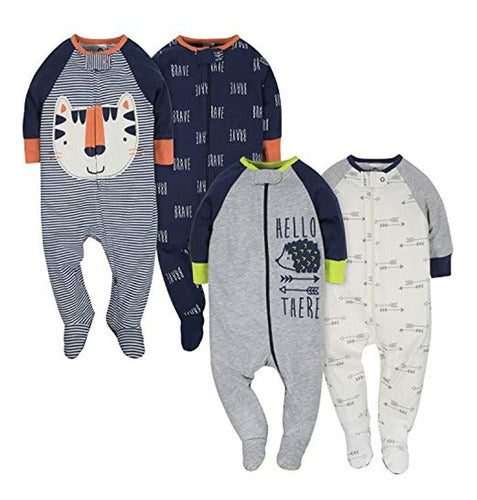 Gerber Baby Boys '4 Pack Sleep' N Play Footie, Tiger / Hedgehog 0