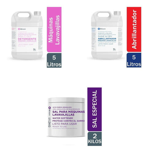 Klean Combo Lavavajilla Detergente 5L + Abrillantador 5L + Sal 2kg 1