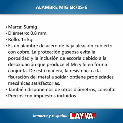 201603 Alambre Mig 15kg Er70s-6 De 0,8mm Marca Sumig Layva 1