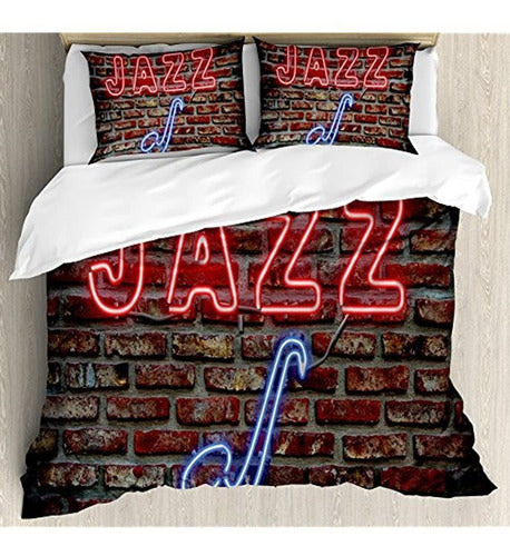 Ambesonne Music Duvet Cover Set, Alluring Neon All Jazz Sign with Saxophone 0