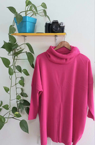 Maxi Oversized Sweater with Wide Long Neck. Black Fuchsia 2