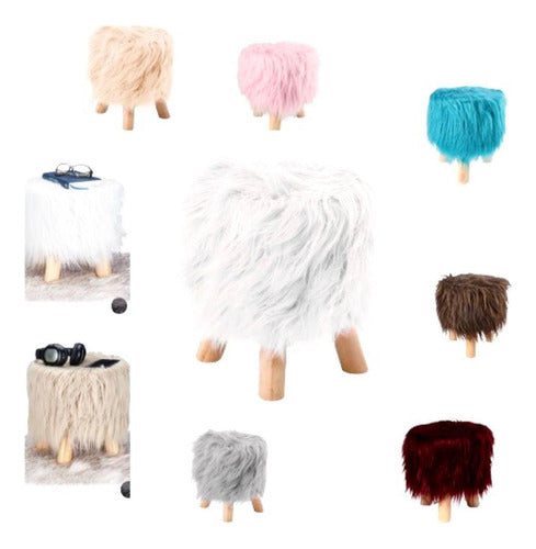 Fluffy Stool with Long Fur Cover and Wooden Legs 0