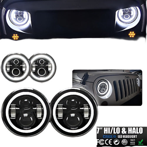 Jeep 7 Inch Halo Angel Eyes LED Projector Headlights Black 0