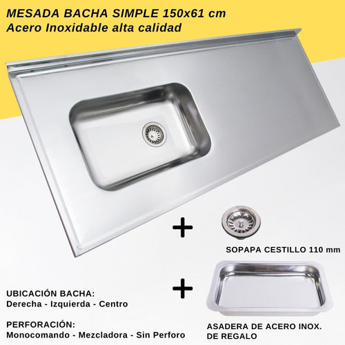 Masecor Bacha Simple 150cms Mesada Acero Inoxidable + Envío 1