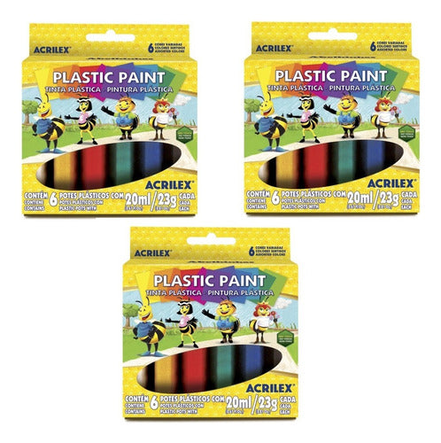 Kit Tinta Plástica Acrilex Desenho Arte Escolar 6 Cores C/3 0