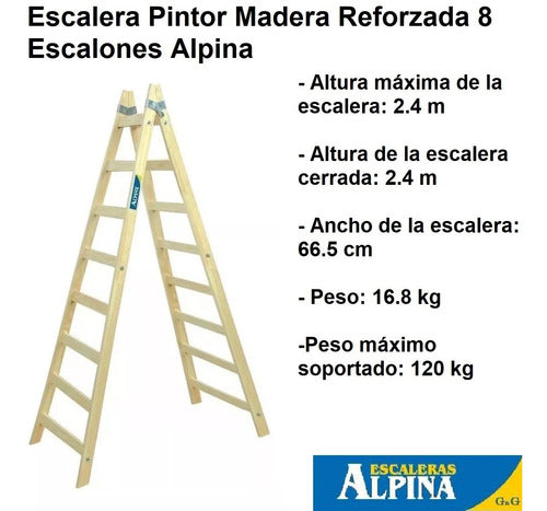 Alpina Reinforced Wooden Painter's Ladder with 8 Steps 1