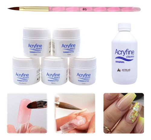 Acryfine Acrylic Kit - Polymers + Monomers + Sculpted Nails Brush 1