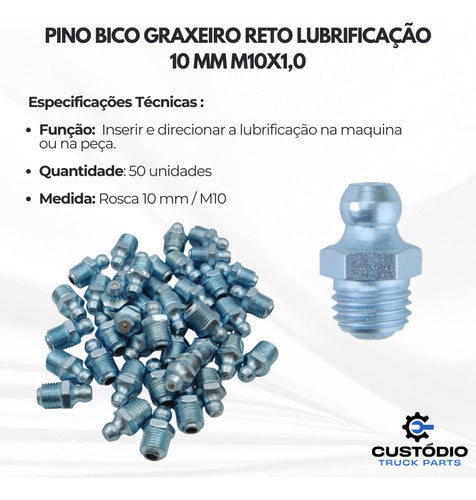 Pino Bico Graxeiro Reto Lubrifica 10mm Rosca M10x1,0 100 Un 1