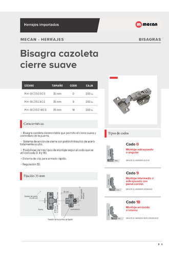 Mecan Bisagra Cazoleta 35mm Codo 18 Cierre Suave 1